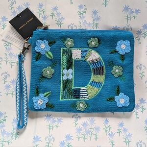 America & Beyond D Embellished Beaded Initial Pouch Wristlet NEW Monogram Blue